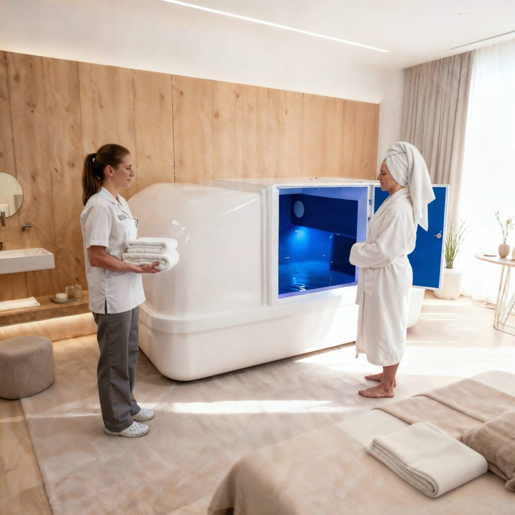 Spirit Float Tank white exterior with side entrance in modern wellness center