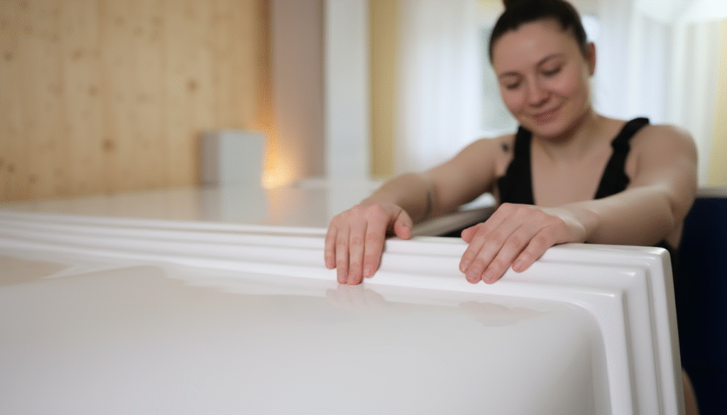 Calm Epsom salt water surface inside Restingwell Spirit float tank – 35 cm deep solution enables effortless zero-gravity floating and profound physical & mental relaxation