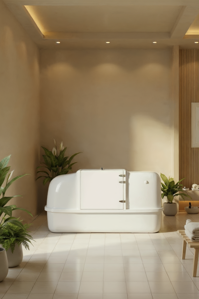 A modern commercial float center interior, showcasing a professional setup with a Restingwell Spirit tank