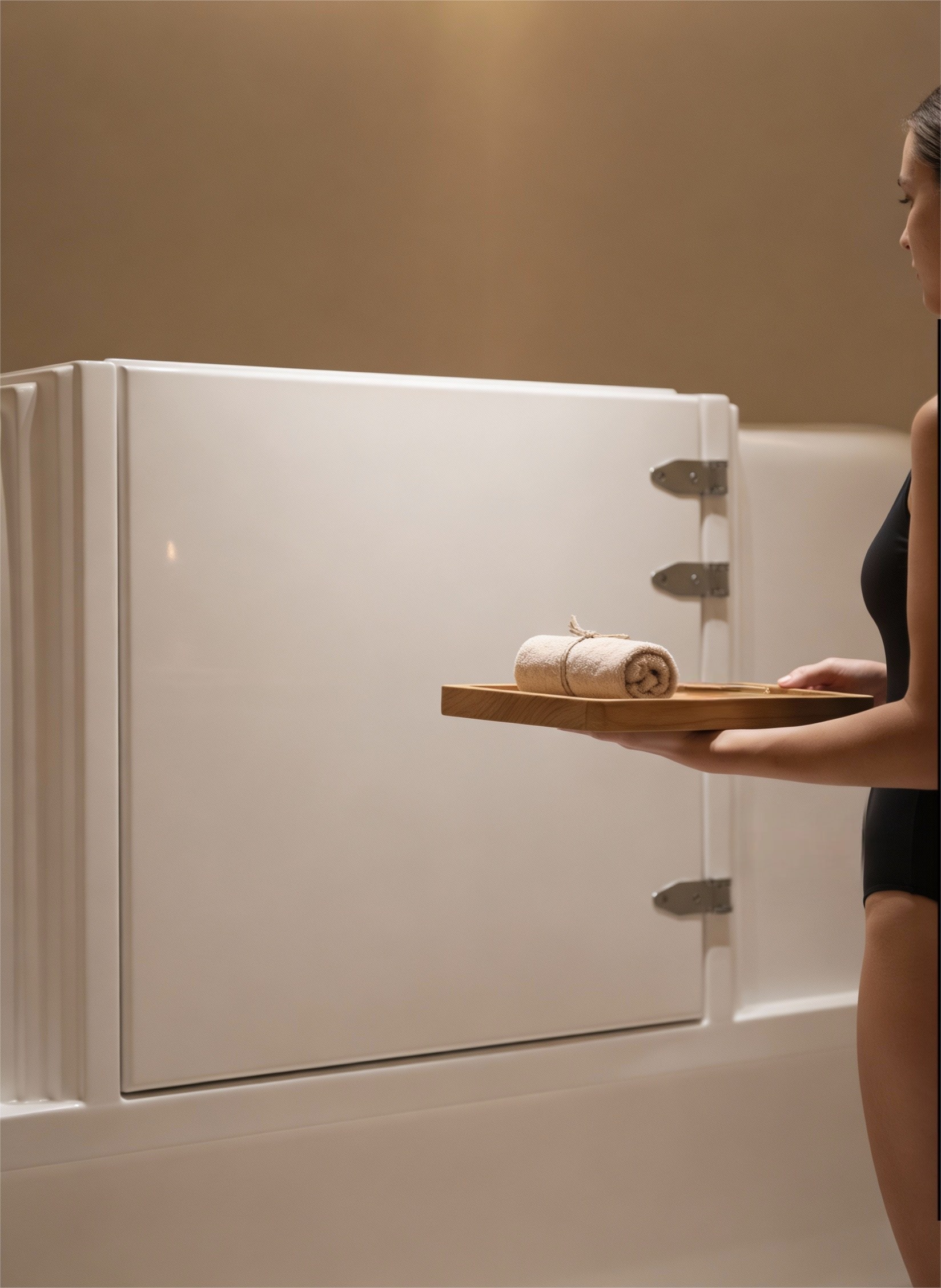 Guest enjoying deep relaxation in Restingwell Spirit float tank – side entrance and spacious design for comfortable, non-claustrophobic floatation experience in our real float center