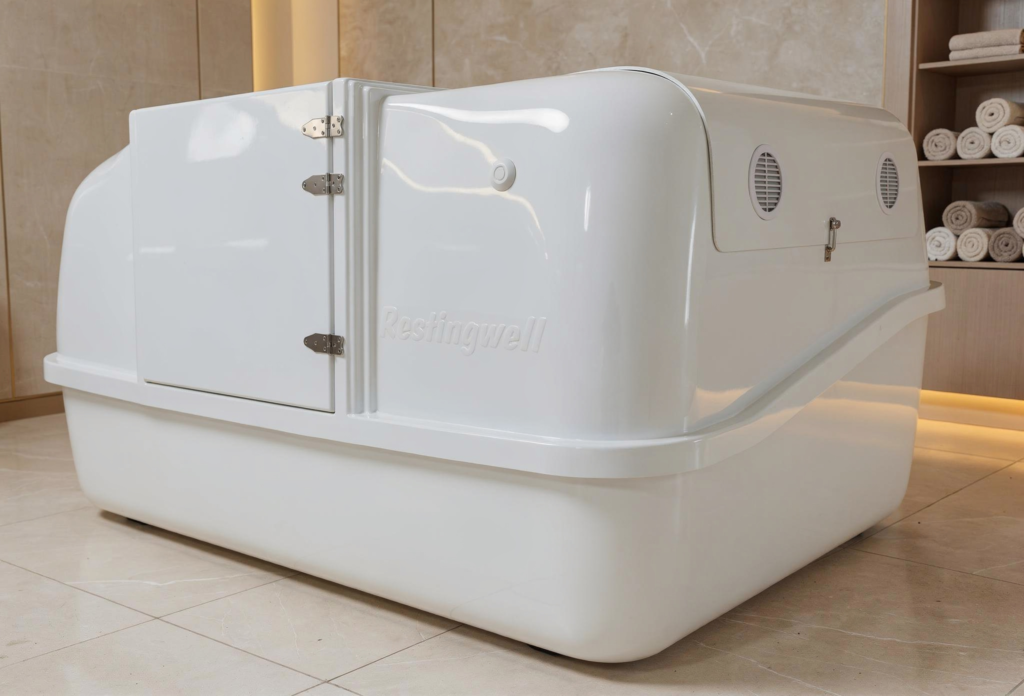 Non-claustrophobic, open design with side entrance in Restingwell Spirit float tank – creates a natural, comfortable feel for deeper relaxation and easier guest access